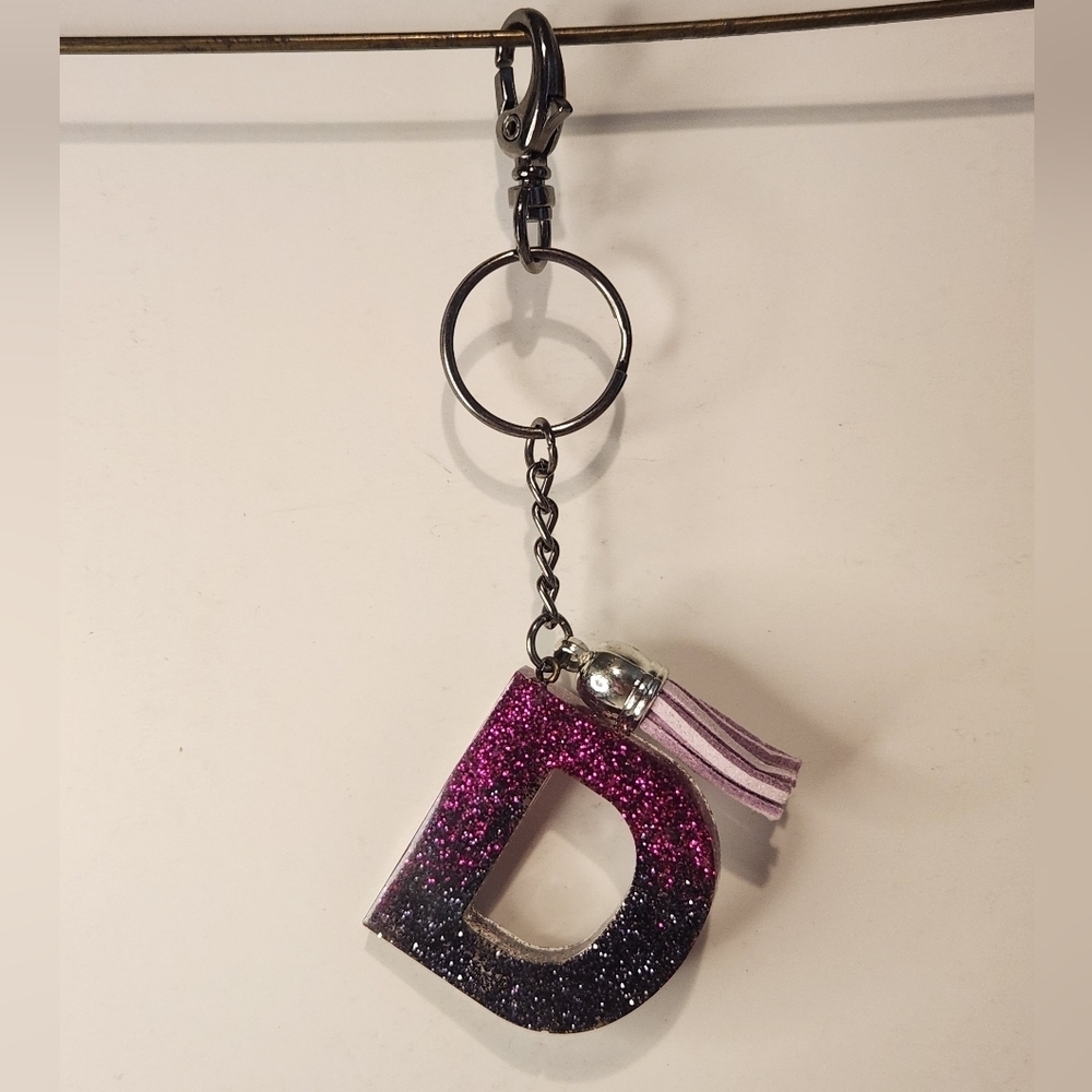5” Handmade Letter “D” Resin Glitter Pink to Black Ombré Tassel Keychain